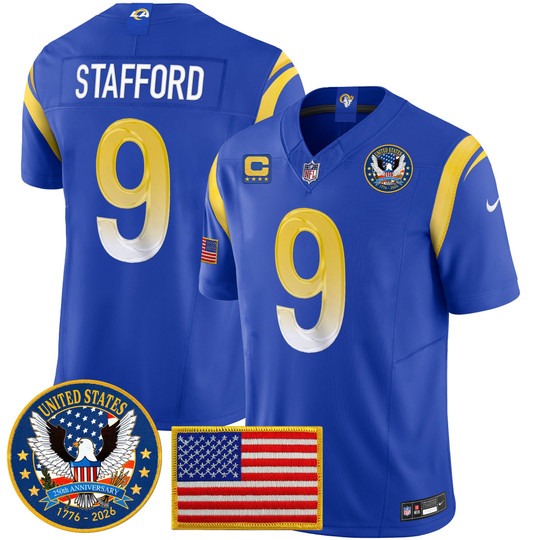 Men's Los Angeles Rams #9 Matthew Stafford Royal 2026 United States 250th Anniversary Patch F.U.S.E. Vapor Limited Stitched Jersey