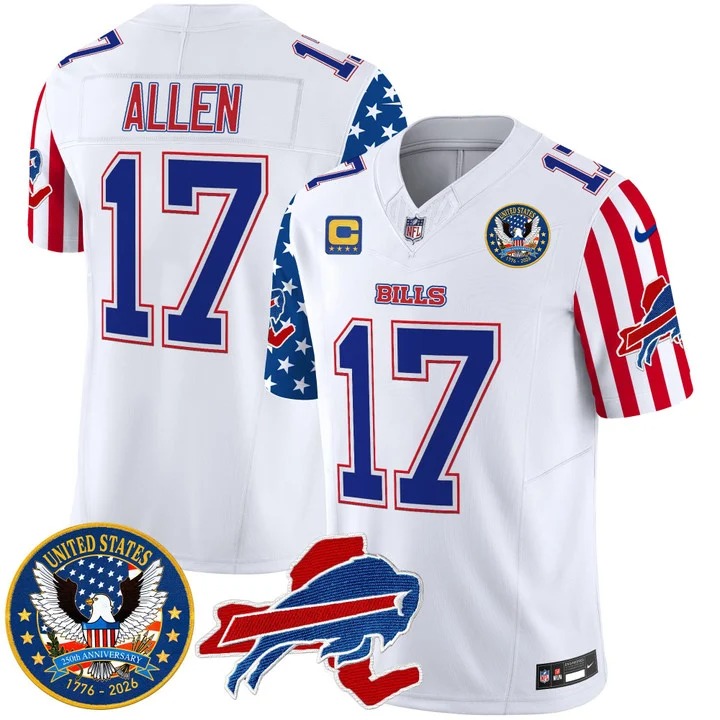 Men's Buffalo Bills #17 Josh Allen White America250 Edition Style F.U.S.E. Vapor Limited Stitched Jersey
