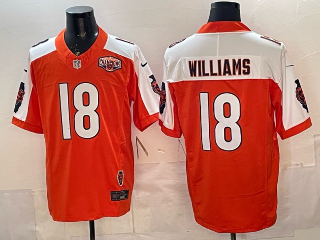 Men's Chicago Bears #18 Caleb Williams Orange White F.U.S.E. 2025 NFC North Division Champions & Illinois Patch Vapor Limited Stitched Jersey