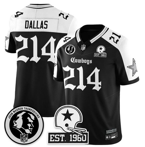 Men's Dallas Cowboys #214 Dallas Black White 2025 F.U.S.E. With John Madden Patch & Established In 1960 Patch Vapor Limited Stitched Football Jersey