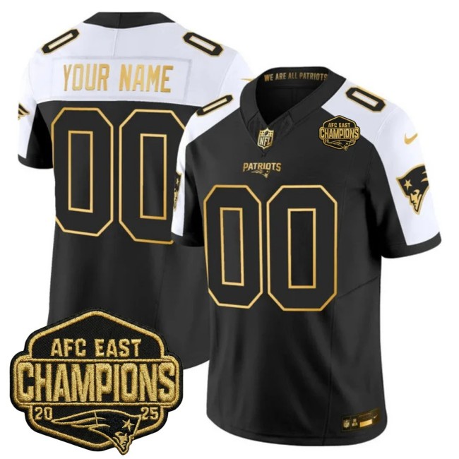 New England Patriots Custom Black White Gold F.U.S.E. 2025 AFC East Division Champions Vapor Limited Stitched Jersey
