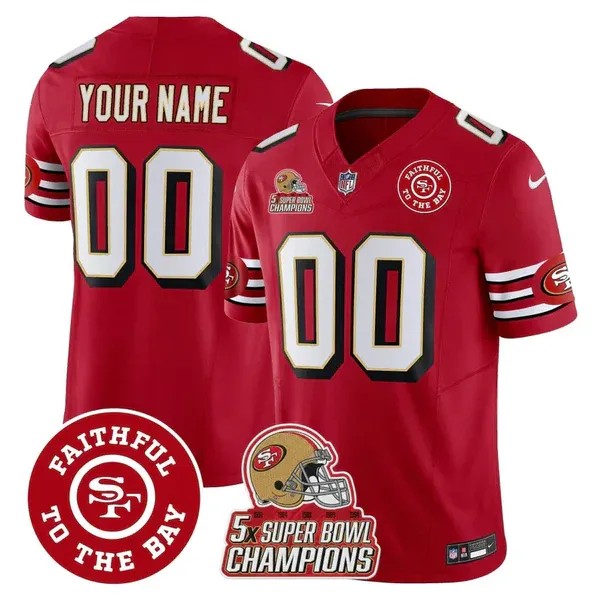 San Francisco 49ers Custom Red F.U.S.E. Throwback 5X Super Bowl Champions & Faithful To The Bay Patch Vapor Limited Stitched Jersey