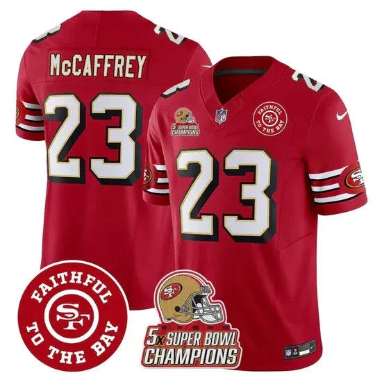 Men's San Francisco 49ers #23 Christian McCaffrey Red F.U.S.E. Throwback 5X Super Bowl Champions & Faithful To The Bay Patch Vapor Limited Stitched Jersey