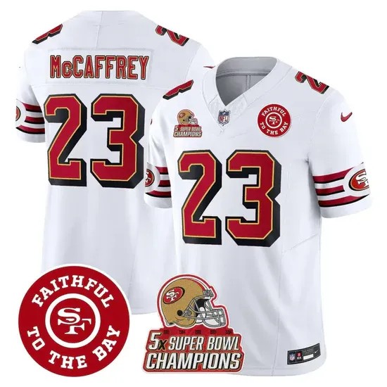 Men's San Francisco 49ers #23 Christian McCaffrey White F.U.S.E. Throwback 5X Super Bowl Champions & Faithful To The Bay Patch Vapor Limited Stitched Jersey
