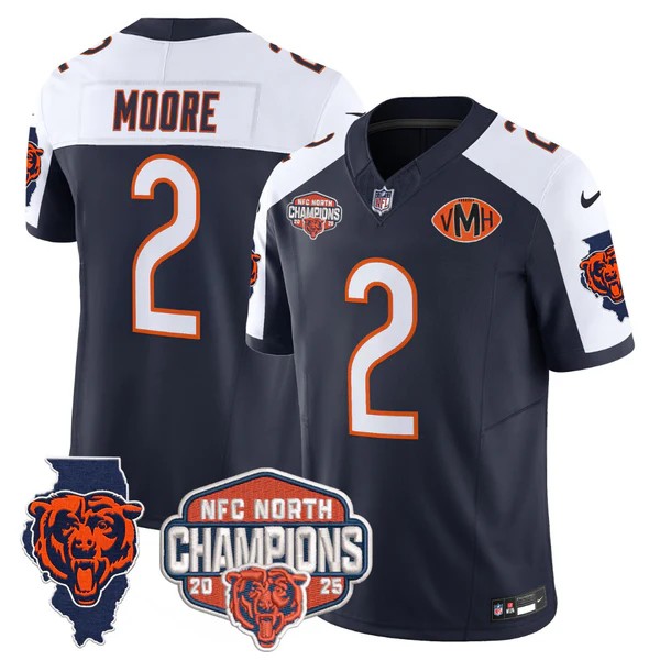 Men's Chicago Bears #2 DJ Moore Navy White F.U.S.E. 2025 NFC North Division Champions Vapor Limited Stitched Jersey