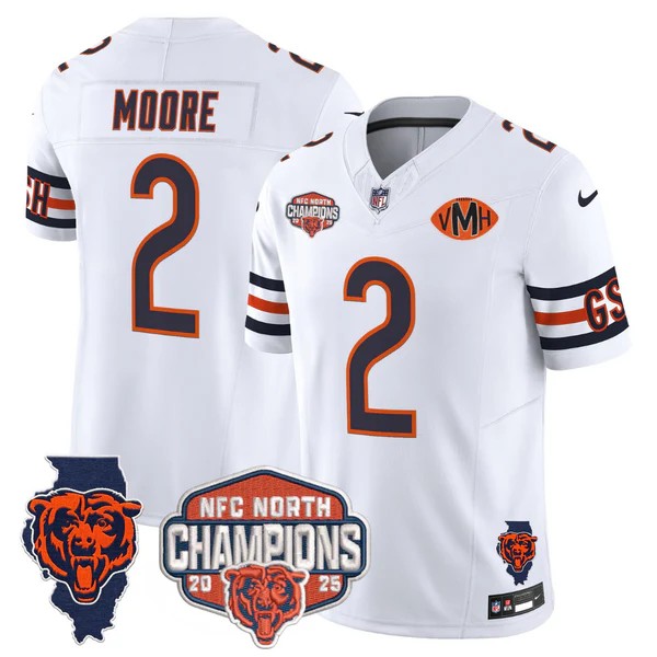 Men's Chicago Bears #2 DJ Moore White F.U.S.E. 2025 NFC North Division Champions Vapor Limited Stitched Jersey