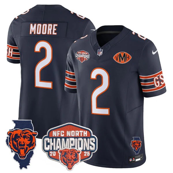 Men's Chicago Bears #2 DJ Moore Navy F.U.S.E. 2025 NFC North Division Champions Vapor Limited Stitched Jersey