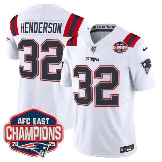 Men's New England Patriots #32 TreVeyon Henderson White F.U.S.E. 2025 AFC East Division Champions Vapor Limited Stitched Jersey