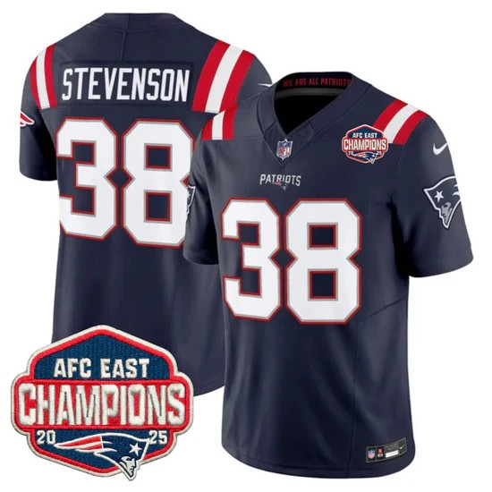 Men's New England Patriots #38 Rhamondre Stevenson Navy F.U.S.E. 2025 AFC East Division Champions Vapor Limited Stitched Jersey
