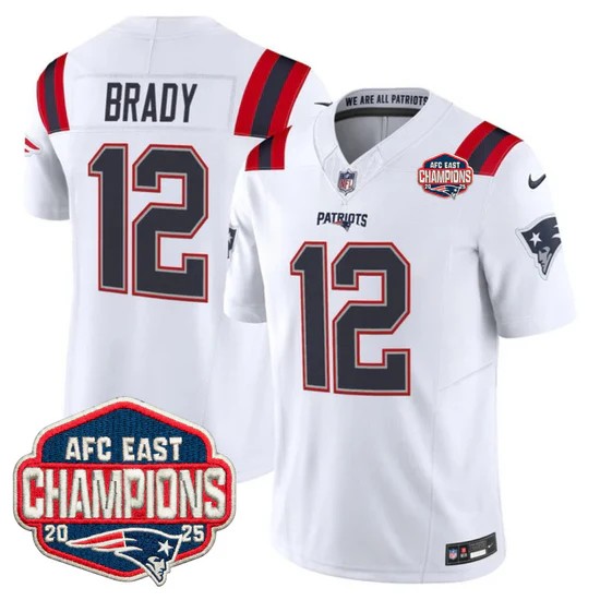 Men's New England Patriots #12 Tom Brady White F.U.S.E. 2025 AFC East Division Champions Vapor Limited Stitched Jersey