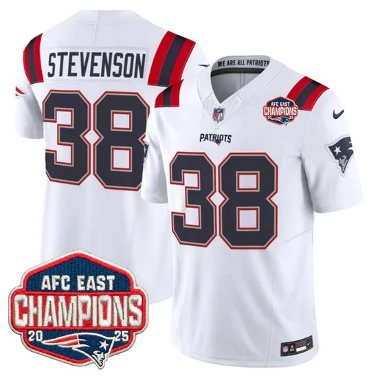Men's New England Patriots #38 Rhamondre Stevenson White F.U.S.E. 2025 AFC East Division Champions Vapor Limited Stitched Jersey