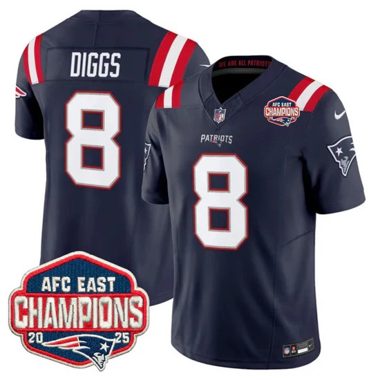 Men's New England Patriots #8 Stefon Diggs Navy F.U.S.E. 2025 AFC East Division Champions Vapor Limited Stitched Jersey