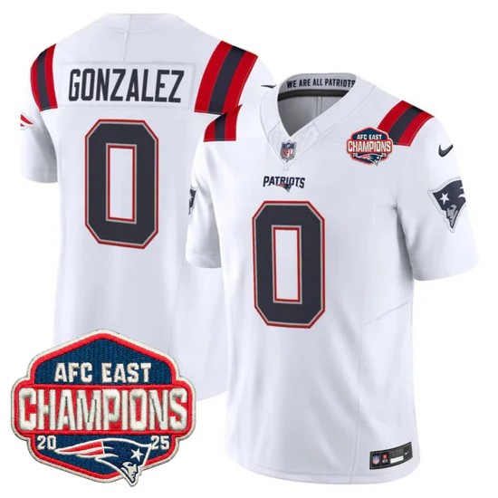 NMen's ew England Patriots #0 Christian Gonzalez White F.U.S.E. 2025 AFC East Division Champions Vapor Limited Stitched Jersey