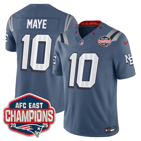 Men's New England Patriots #10 Drake Maye Storm Blue Rivalries F.U.S.E. 2025 AFC East Division Champions Vapor Limited Stitched Jersey