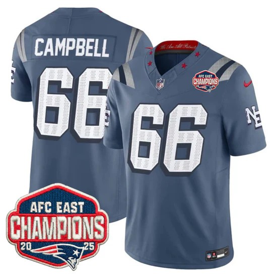 Men's New England Patriots #66 Will Campbell Storm Blue Rivalries F.U.S.E. 2025 AFC East Division Champions Vapor Limited Stitched Jersey