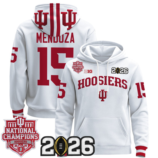 Men's Indiana Hoosiers #15 Fernando Mendoza White 2025 National Champions & 2026 CFP Final Patch Premium  Pullover Stitched Hoodie