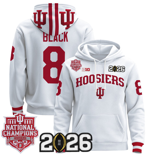 Men's Indiana Hoosiers #8 Kaelon Black White 2025 National Champions & 2026 CFP Final Patch Premium  Pullover Stitched Hoodie