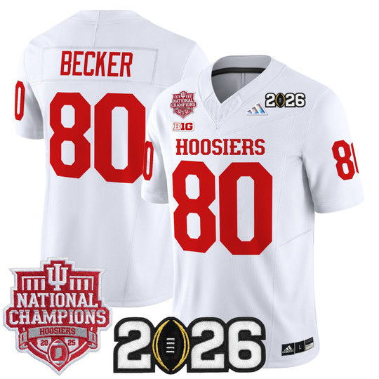Men & Women & Youth Indiana Hoosiers #80 Charlie Becker White 2025 National Champions & 2026 CFP Final Patch F.U.S.E. Vapor Limited Stitched Jersey