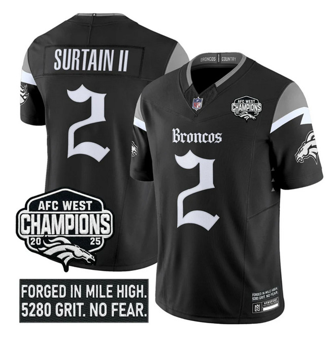 Men's Denver Broncos #2 Patrick Surtain II Black F.U.S.E 2025 Afc West Champions Patch ‘Gothic Mile High Shadows Edition’ Vapor Limited Stitched Football Jersey