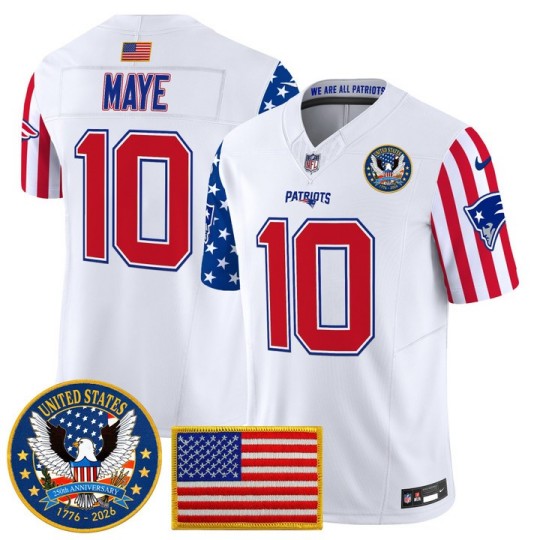 Men's New England Patriots #10 Drake Maye White America250 Edition F.U.S.E. Vapor Limited Stitched Jersey