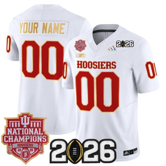 Men's Indiana Hoosiers Custom White Gold Trim 2025 National Champions & 2026 CFP Final Patch F.U.S.E. F.U.S.E. Vapor Limited Stitched Jersey