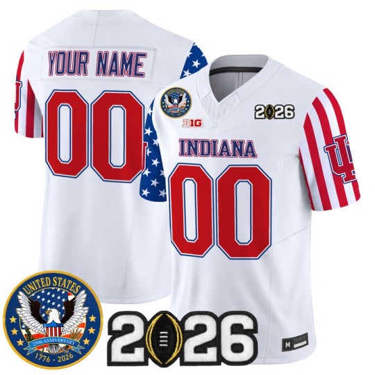 Men's Indiana Hoosiers Custom White America250 Edition 2026 CFP Final Patch F.U.S.E. Vapor Limited Stitched Jersey