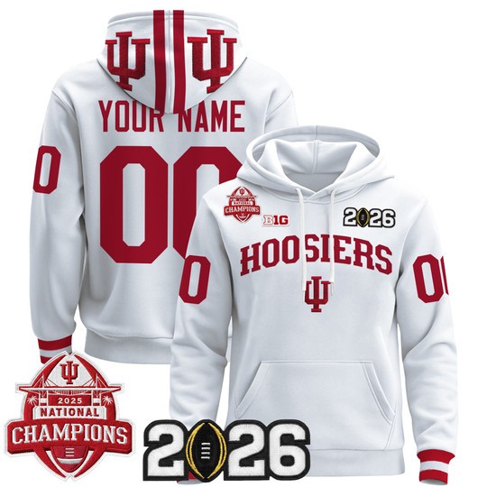 Men's Indiana Hoosiers Custom White 2025 National Champions & 2026 CFP Final Patch Premium V2 Stitched Pullover Hoodie