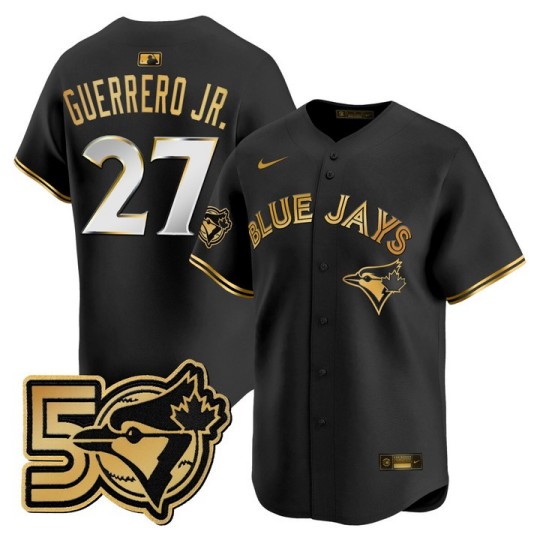 Men's Toronto Blue Jays #27 Vladimir Guerrero Jr. Black Gold 50 Seasons Patch Vapor Limited Limited Stitched Jersey