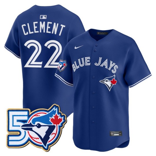 Men's Toronto Blue Jays #22 Ernie Clement Royal 50 Seasons Patch Vapor Limited Limited Stitched Jersey