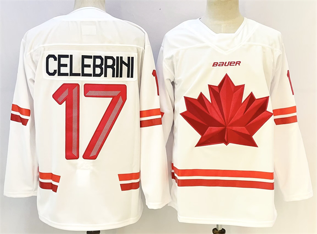 Men's Canada Hockey #17 Macklin Celebrini White Stitched Jersey