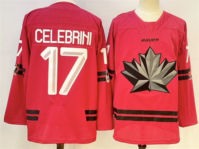 Men's Canada Hockey #17 Macklin Celebrini Red Stitched Jersey