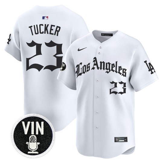 Men's Los Angeles Dodgers #23 Kyle Tucker White 'LA Gothic Style' Limited Stitched Baseball Jersey