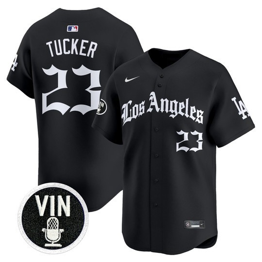 Men's Los Angeles Dodgers #23 Kyle Tucker Black 'LA Gothic Style' Limited Stitched Baseball Jersey