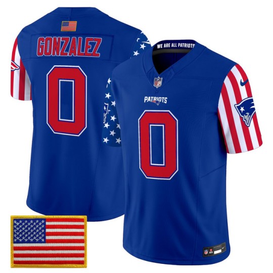 Men & Women & Youth New England Patriots #0 Christian Gonzalez Royal America250 Edition F.U.S.E. Vapor Limited V2 Stitched Jersey