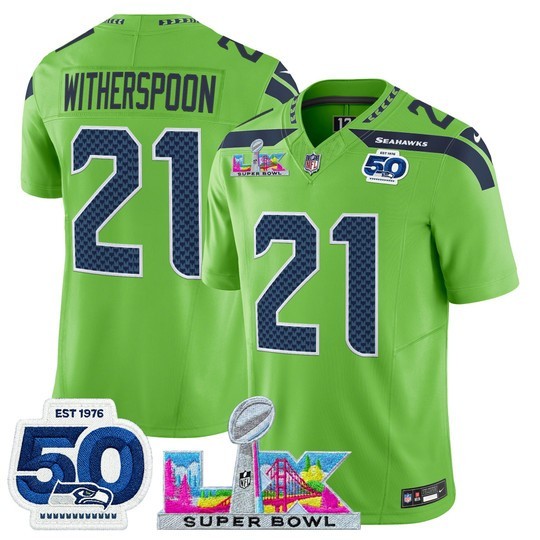 Men's Seattle Seahawks #21 Devon Witherspoon Green 2025 F.U.S.E. Super Bowl LX Patch And 50th Season Patch Vapor Limited Stitched Football Jersey