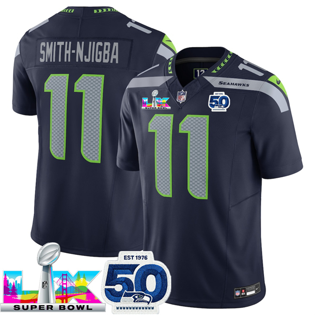 Men's Seattle Seahawks #11 Jaxon Smith-Njigba Navy 2025 F.U.S.E. Super Bowl LX Patch And 50th Season Patch Vapor Limited Stitched Football Jersey