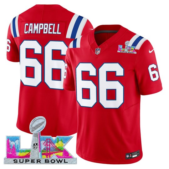 Men's New England Patriots #66 Will Campbell Red 2025 F.U.S.E. Super Bowl LX Patch Vapor Limited Stitched Football Jersey