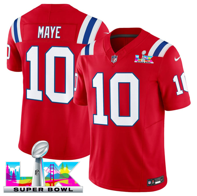 Men's New England Patriots #10 Drake Maye Red 2025 F.U.S.E. Super Bowl LX Patch Vapor Limited Stitched Football Jersey