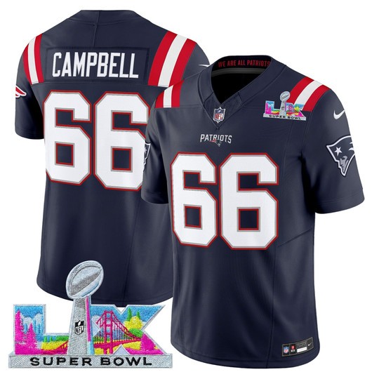 Men's New England Patriots #66 Will Campbell Navy 2025 F.U.S.E. Super Bowl LX Patch Vapor Limited Stitched Football Jersey