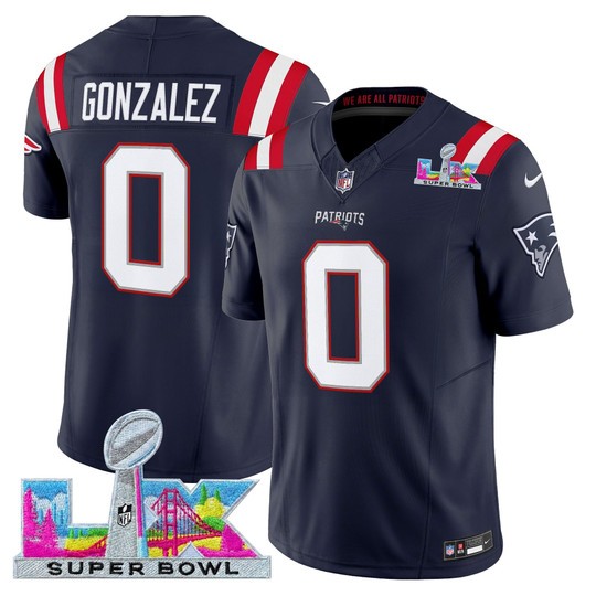 Men's New England Patriots #0 Christian Gonzalez Navy 2025 F.U.S.E. Super Bowl LX Patch Vapor Limited Stitched Football Jersey