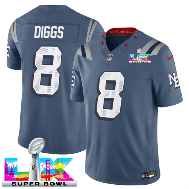 Men's New England Patriots #8 Stefon Diggs Storm Blue 2025 F.U.S.E. Super Bowl LX Patch “Rivalries” Vapor Limited Stitched Football Jersey
