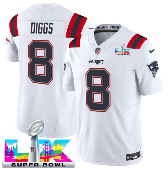 Men's New England Patriots #8 Stefon Diggs White 2025 F.U.S.E. Super Bowl LX Patch Vapor Limited Stitched Football Jersey