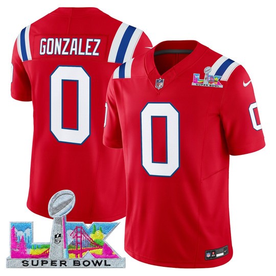 Men's New England Patriots #0 Christian Gonzalez Red 2025 F.U.S.E. Super Bowl LX Patch Vapor Limited Stitched Football Jersey