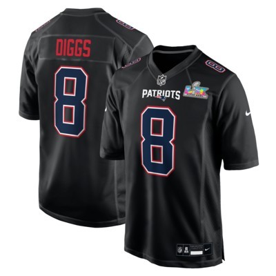 Men's New England Patriots #8 Stefon Diggs Black Nike Super Bowl LX Patch Carbon Fashion Game Stitched Jersey