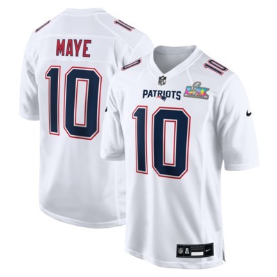 Men's New England Patriots #10 Drake Maye White Nike Super Bowl LX Patch Tundra Fashion Game Stitched Jersey
