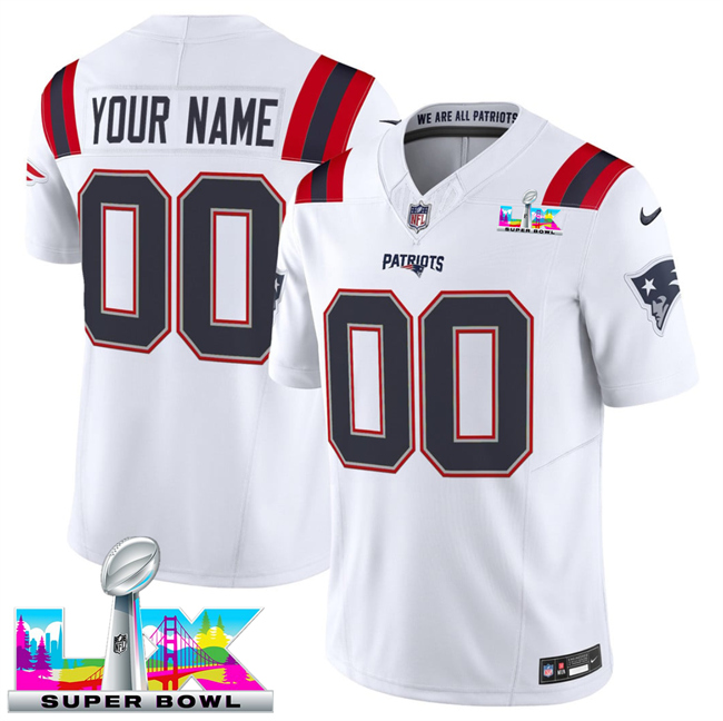Youth New England Patriots Active Player Custom White 2025 F.U.S.E. Super Bowl LX Patch Vapor Limited Stitched Football Jersey