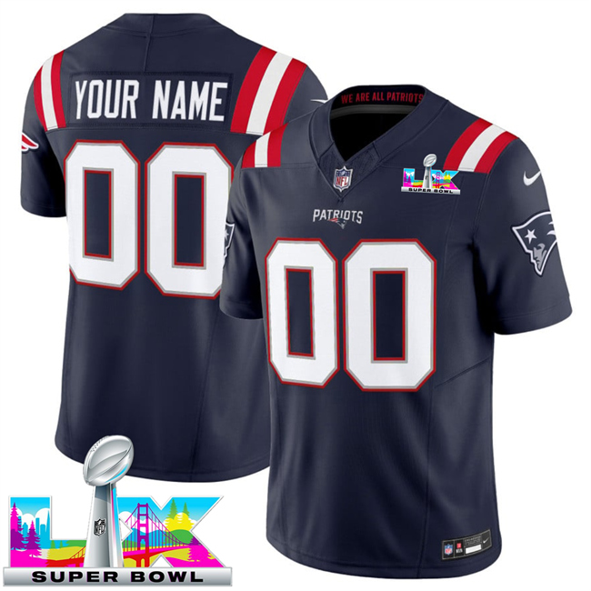 Youth New England Patriots Active Player Custom Navy 2025 F.U.S.E. Super Bowl LX Patch Vapor Limited Stitched Football Jersey