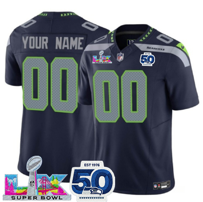 Women's Seattle Seahawks Active Player Custom Navy 2025 F.U.S.E. Super Bowl LX Patch And 50th Season Patch Vapor Limited Stitched Football Jersey
