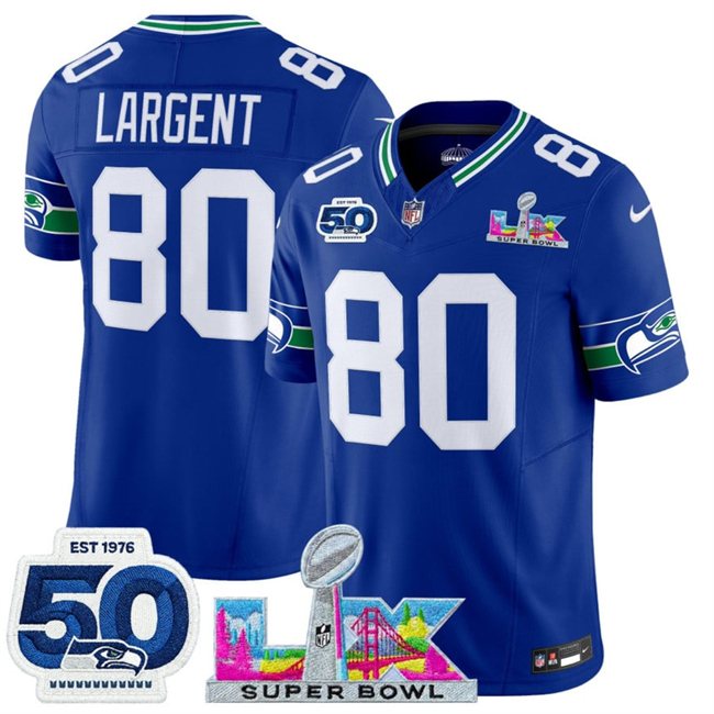 Men's Seattle Seahawks #80 Steve Largent Royal 2025 F.U.S.E. Super Bowl LX Patch And 50th Season Patch Vapor Throwback Limited Stitched Football Jersey