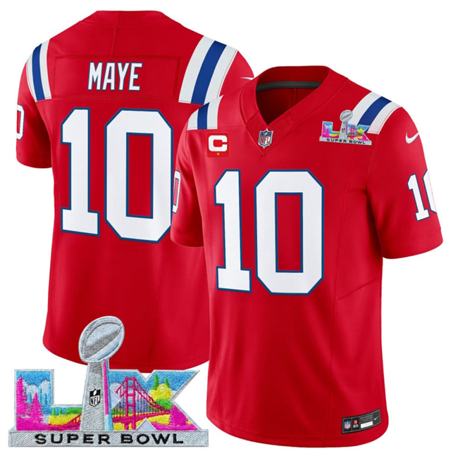 Men's New England Patriots #10 Drake Maye Red 2026 F.U.S.E. Super Bowl LX Patch And 1-Star C Patch Vapor Limited Stitched Football Jersey